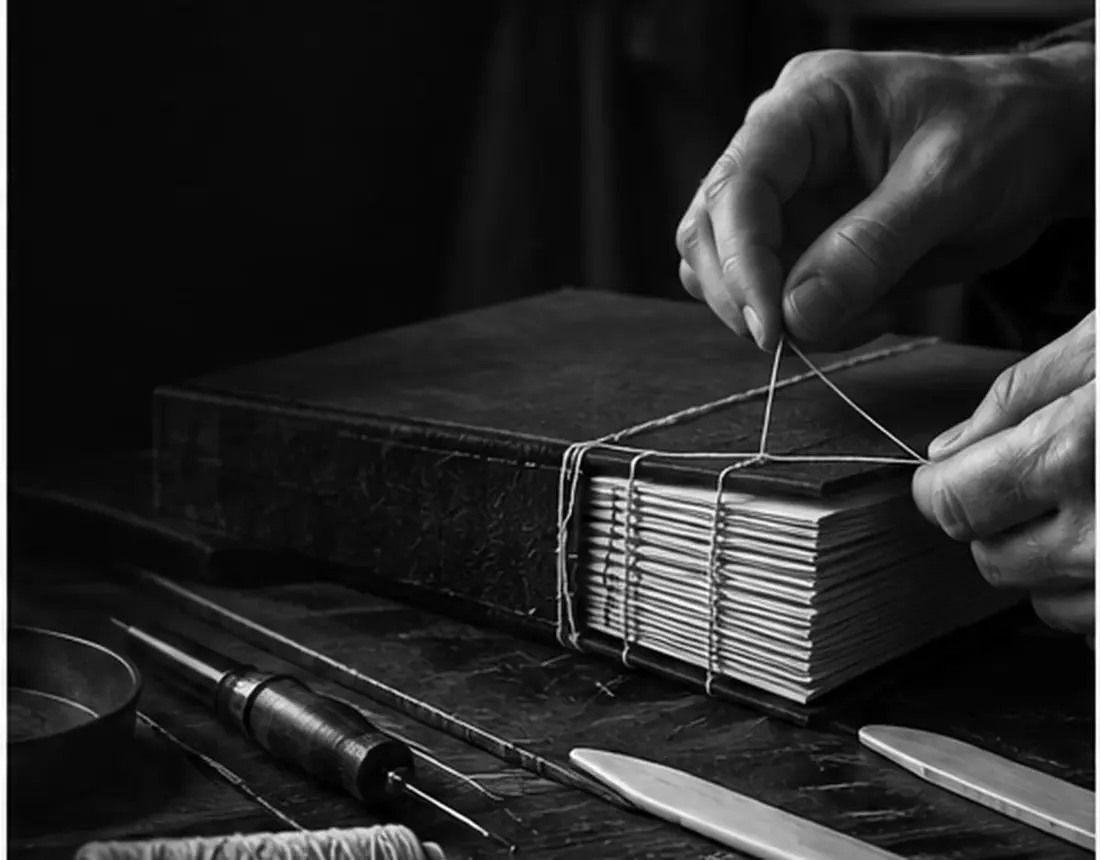 Handwerkliche Buchbindung mit Faden, Leder und Werkzeugen