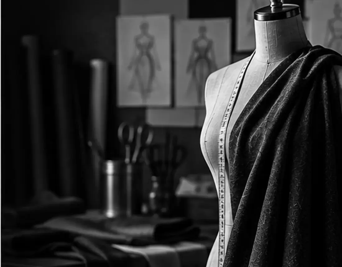 Modedesign mit Schneiderpuppe und hochwertigem Stoff
